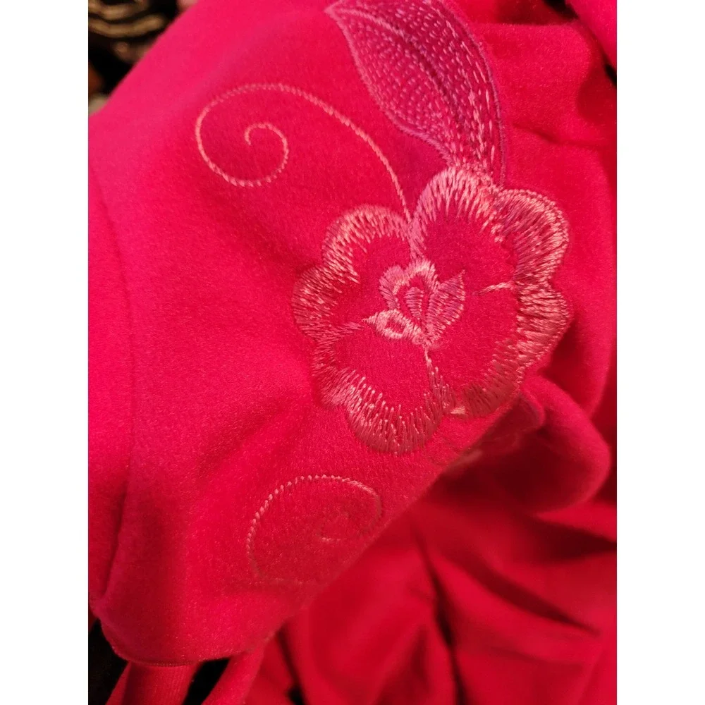 Vintage Med Shadowline Dark Pink Embroidered Floral Fleece Zip Front‎ Long Robe